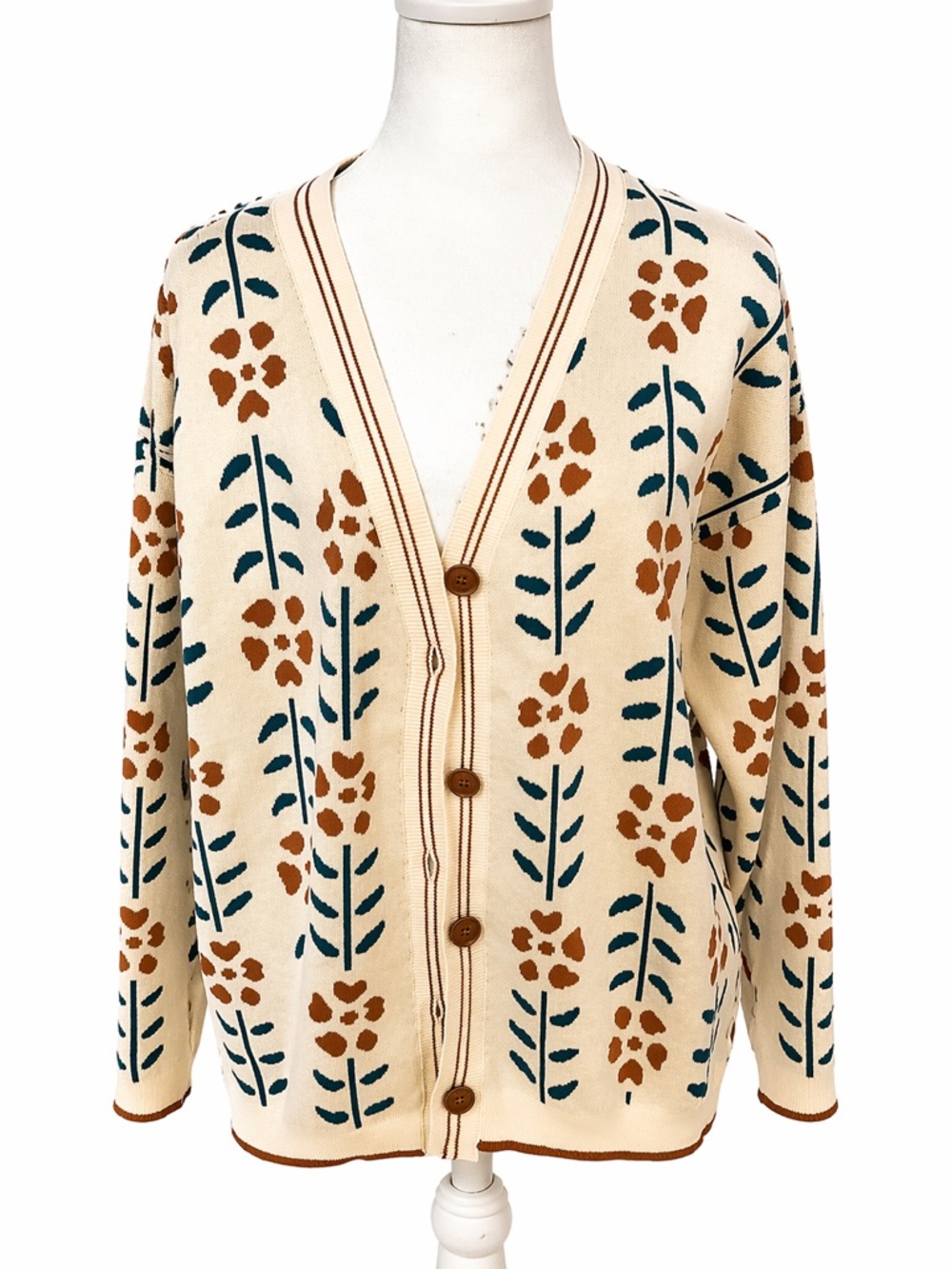 Cream Floral V-Neck Button Cardigan Sweater - Picture 4 of 4